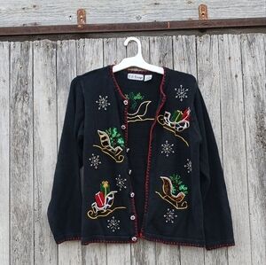 B.P Design Women's Sz S Holiday Animal Print Sleds‎  Snowflakes Beaded Sweater